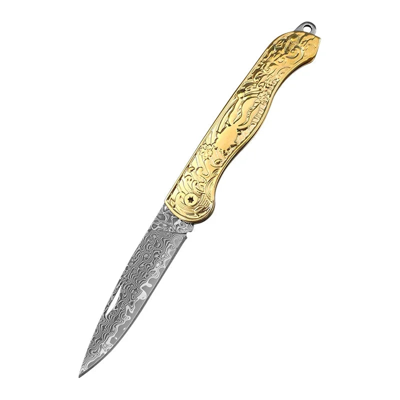 Damascus Steel Folding Knife – Copper Handle, BBQ & Kitchen Damascus Folding Knife Qst A Folding Knife