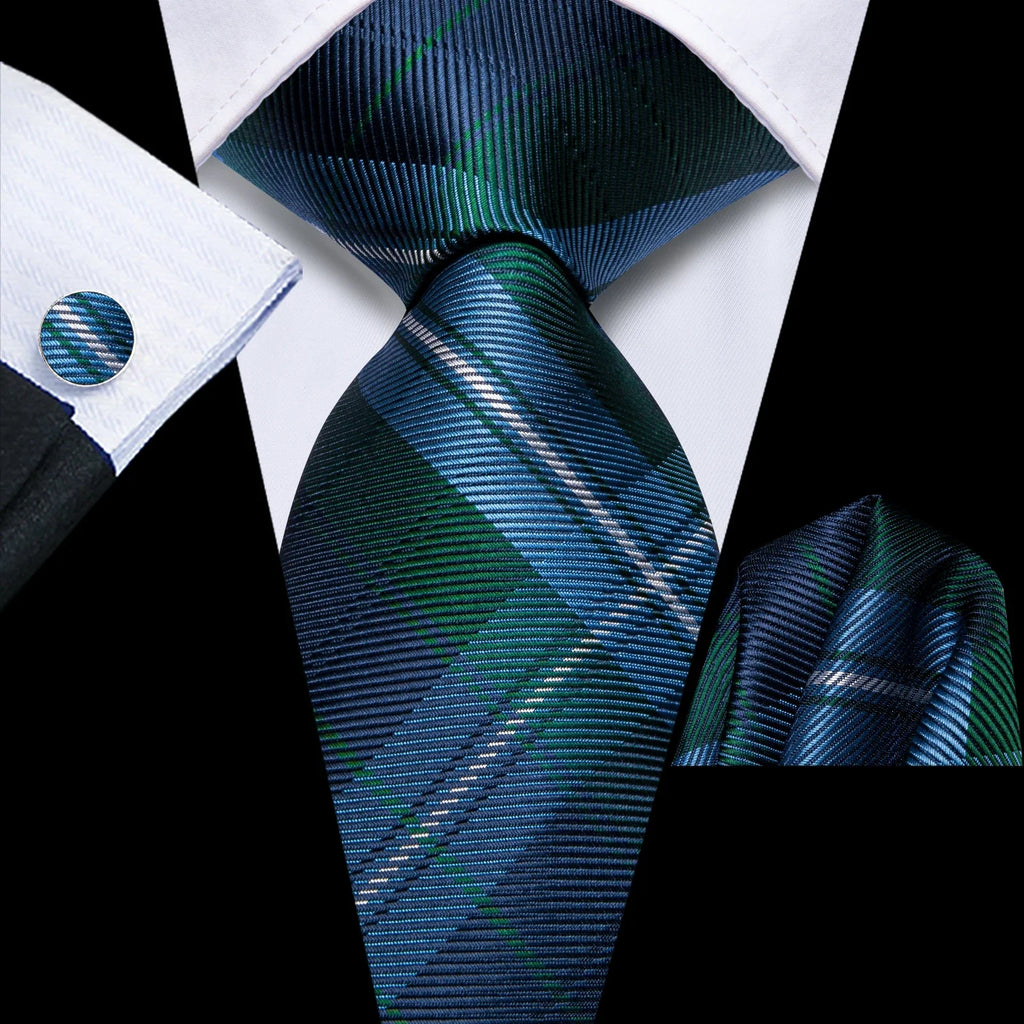 Hi-Tie Men's Silk Necktie Handkerchief Cufflinks Set – Pink Green Silk Necktie Set Qme HT-N-0201