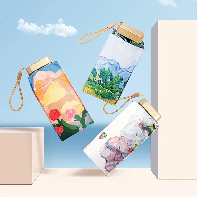 Oil Painting Women's Parasol – Light Compact Folding Umbrella Folding Parasol Umbrella Qst