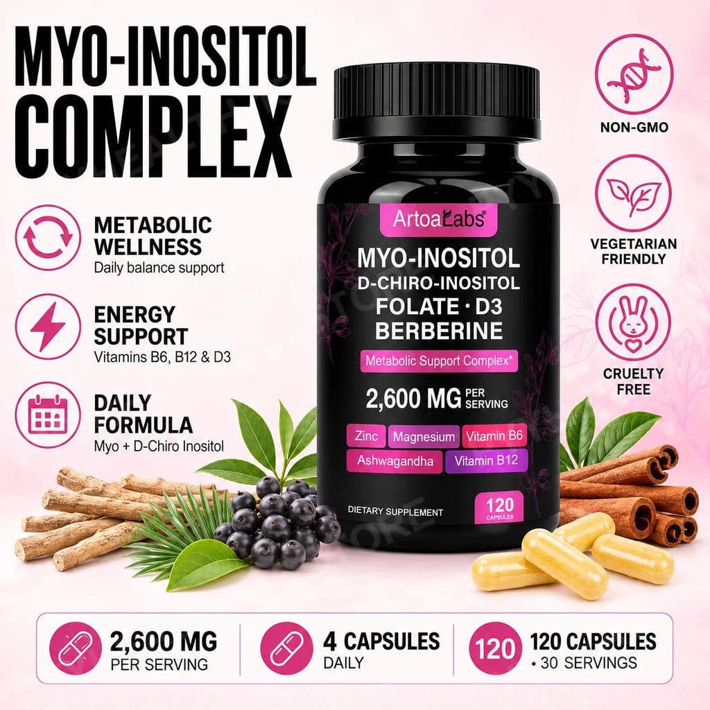 ArtoaLabs Myo Inositol D-Chiro Capsules + Folate D3 Ashwagandha Women's Supplement Qst