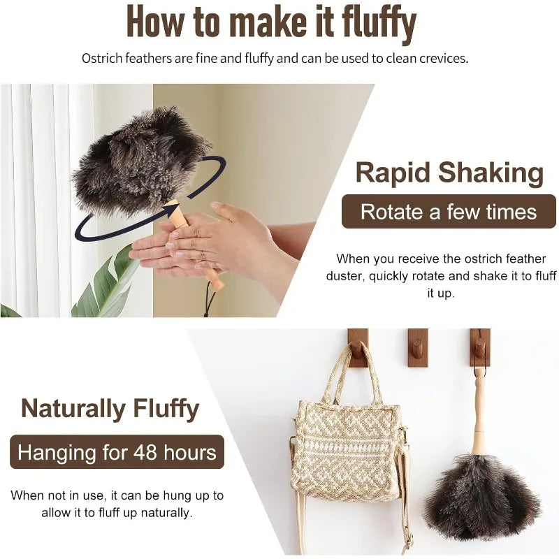 Natural Ostrich Feather Duster with Handle – Fluffy & Reusable Feather Duster Qme