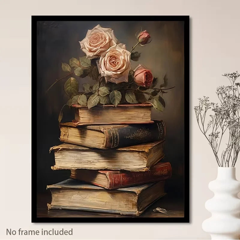 Vintage Book & Flower Canvas Wall Art Poster – Unframed Print Canvas Wall Art Qst No frame 20x30cm Unframed