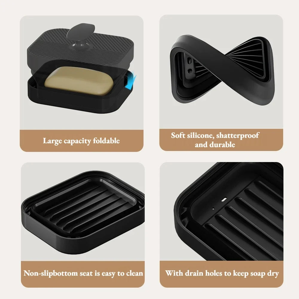 Foldable Silicone Soap Box – Drainage Holes, Anti-Slip Soap Dish Qme