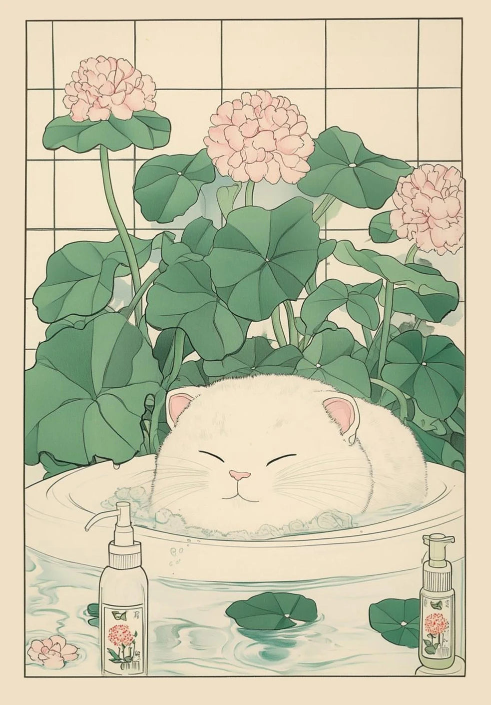 Japanese Cat Bathtub Canvas Print | Japandi Retro Wall Art Canvas Wall Art Qst 05 40x60cm Unframed