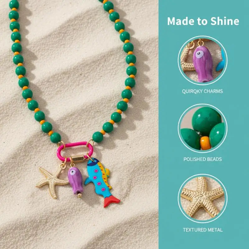 Summer Beaded Layered Necklace – Starfish & Fish Charms Beaded Layered Necklace Qst