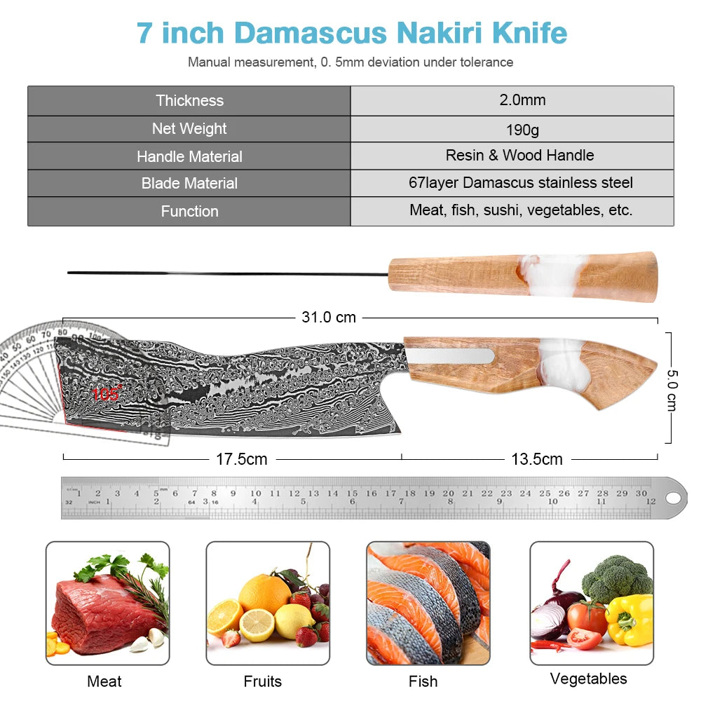 7" Japanese Nakiri Knife – 67-Layer Damascus Steel | XITUO Damascus Nakiri Knife Qst