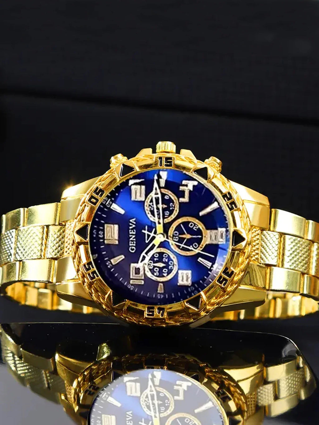 Geneva Triple Sub-Dial Watch & Gold Cuban Chain Bracelet Set Watch Bracelet Set Qme
