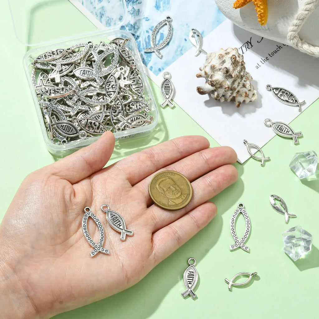 100pcs Tibetan Jesus Fish Charms Antique Silver | 5 Styles Jewelry Making Charms Qme