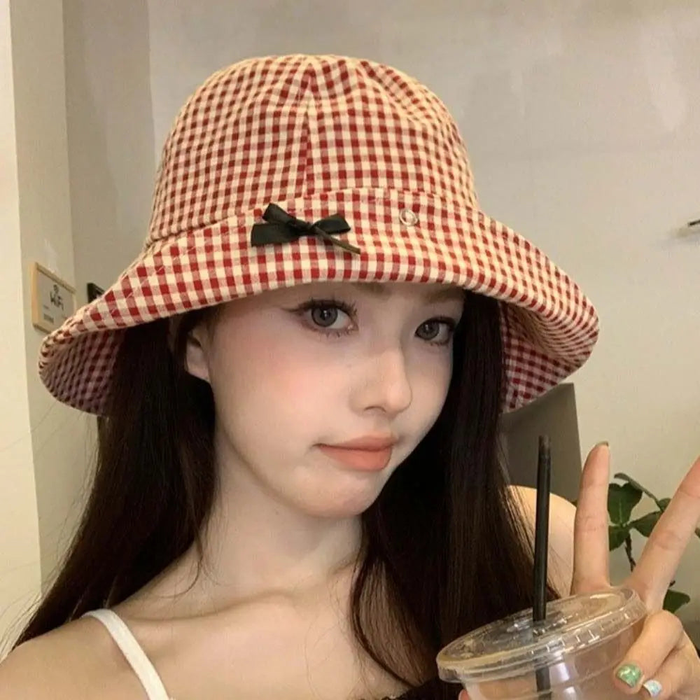 Black Bowknot Plaid Bucket Hat | Gingham Wide Brim Bucket Hat Qme