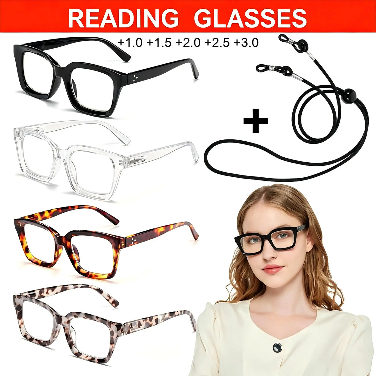VOPHA Large Frame Unisex Reading Glasses with Retainer Strap L29 Reading Glasses Qst