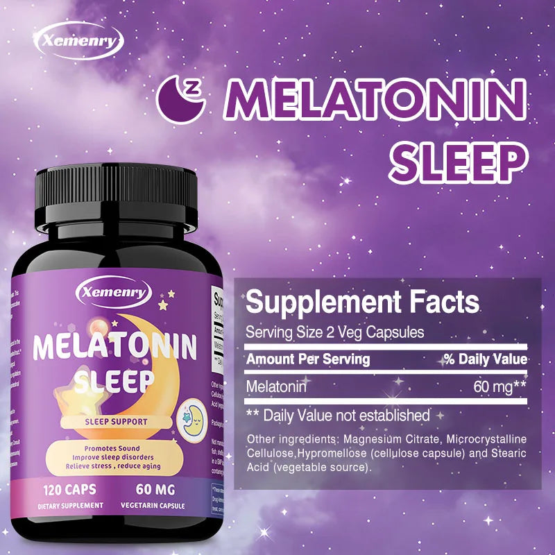 Xemenry Melatonin Vegetarian Capsules 60mg – Sleep Support Melatonin Supplement Qst