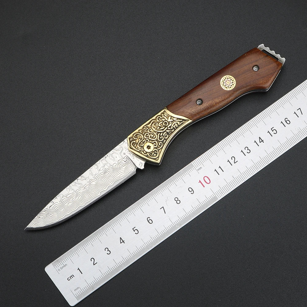 XUANFENG Damascus Steel Folding Knife – Brass Pocket Knife Folding Pocket Knife Qst