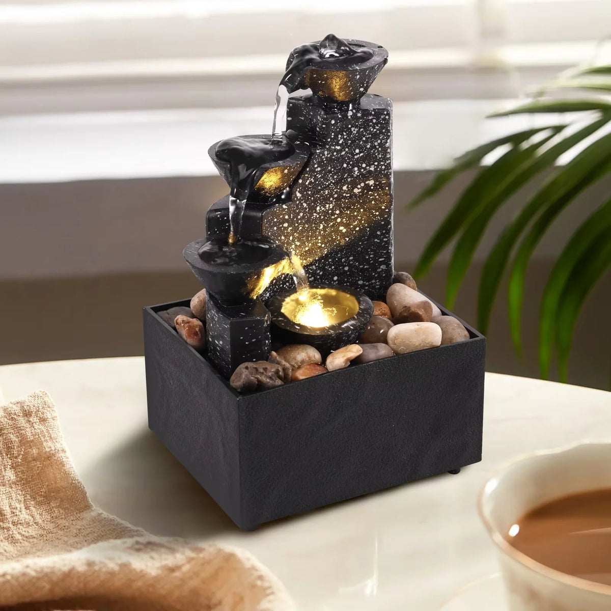 Tabletop Waterfall Fountain LED Décor – Desktop Zen Ornament Tabletop Water Fountain Qst