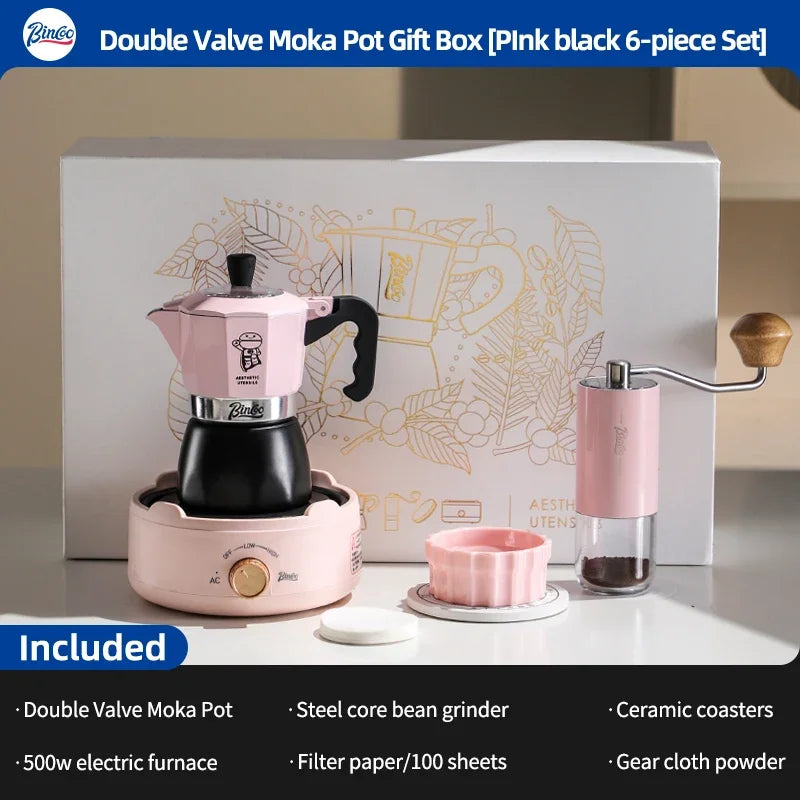 BINCOO Dual Valve Moka Pot Gift Box – Espresso Coffee Maker Moka Pot Qst black pink 6pcs setB