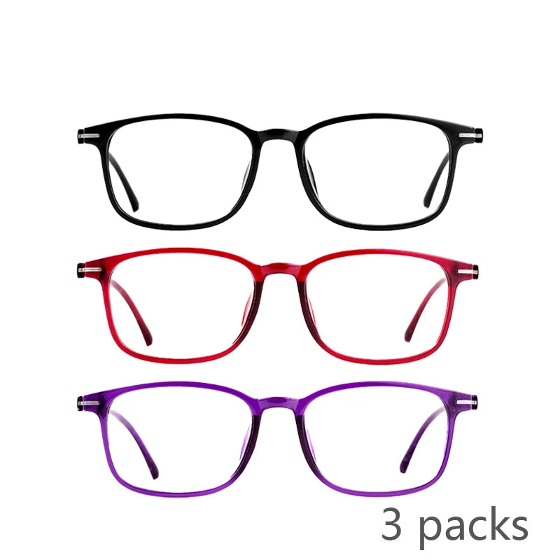 3-Pack Vintage Square Reading Glasses +1.0–+3.0 Unisex Reading Glasses Qst Black Red Purple +300