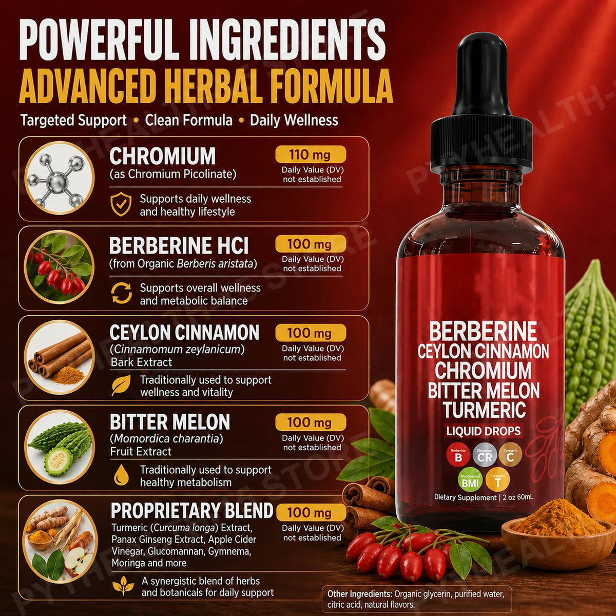 Berberine HCl & Ceylon Cinnamon Liquid Drops – 60 mL Herbal Liquid Supplement Qst