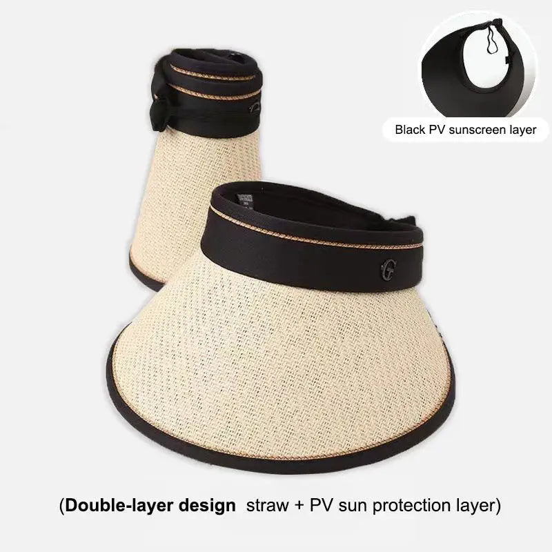 Women's Foldable Straw Visor Open Top UV Beach Sun Hat Straw Sun Visor Qst A5