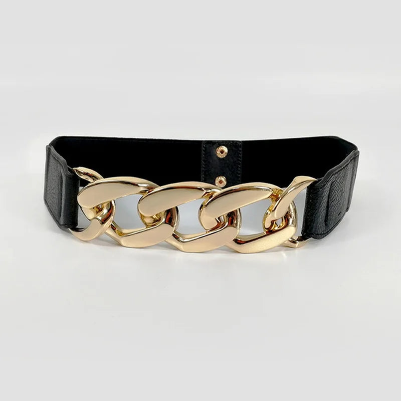 Women's Elastic Wide PU Leather Chain Buckle Rivet Belt Wide Fashion Belt Qme one size Gold