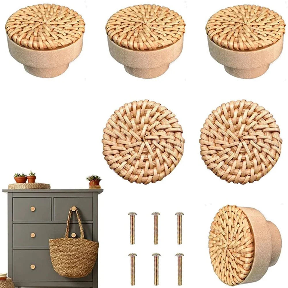 Rattan Wood Round Drawer Pulls – Handmade Cabinet Knobs 2 Pack Cabinet Drawer Pulls Qme