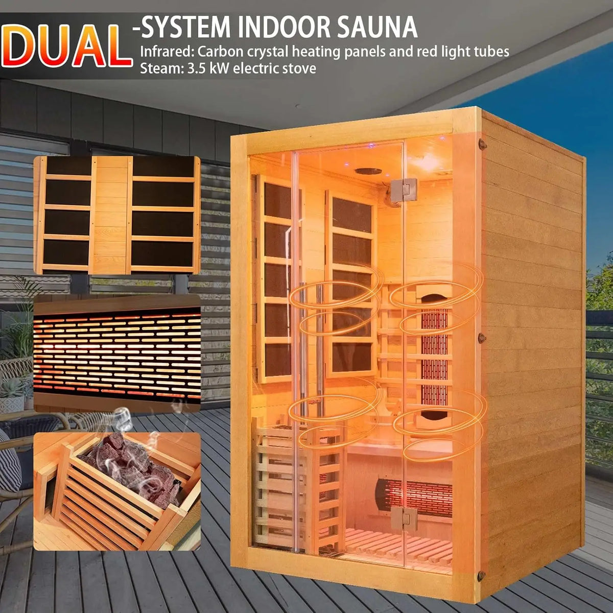 SMARTMAK 2-Person Hemlock Infrared & Steam Sauna – 3.5KW Home Infrared Sauna Qst