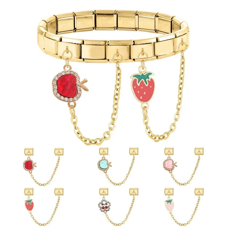 Zircon Fruit Italian Charm – Apple Strawberry Cherry, 9mm Italian Charm Link Qme