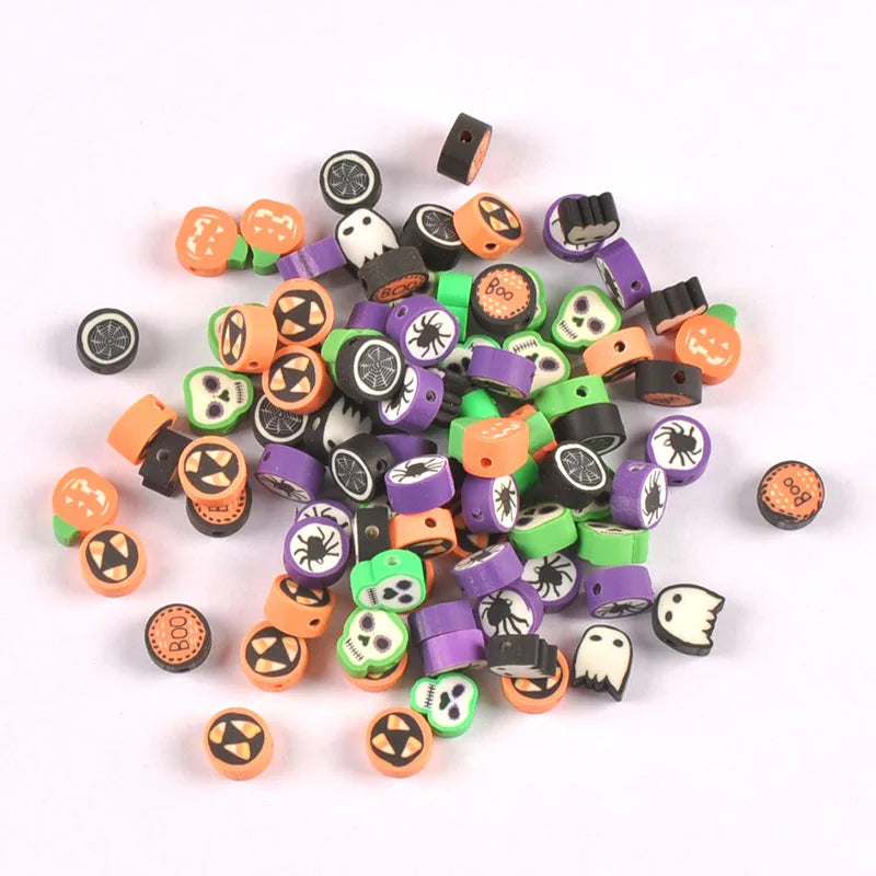 Polymer Clay Halloween Beads – Pumpkin Skull Spider Mix 10mm Craft Beads Qme