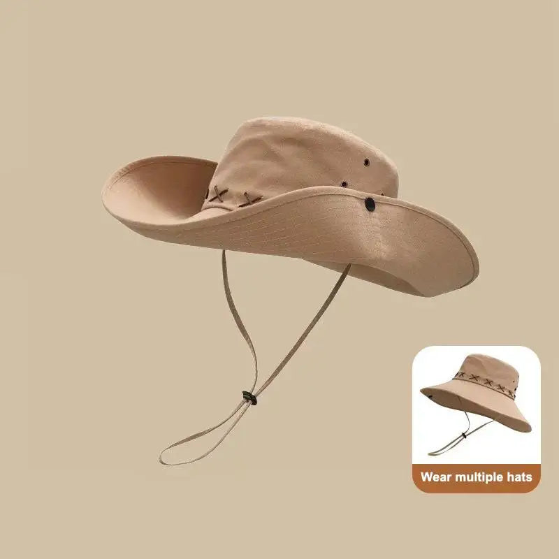 Breathable Cotton Cowboy Hat – Wide Brim Adjustable Sun Cap Wide Brim Hat Qst Khaki