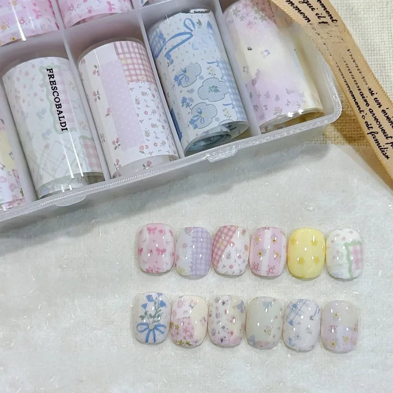 Nail Art Foil Transfer Paper Pink Grid Stamping Stickers Nail Art Stickers Qme Floral Prints-10PCS