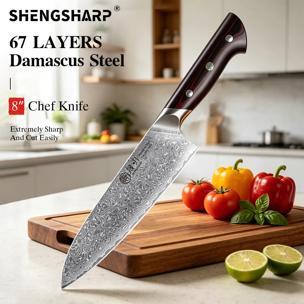 SHENGSHARP 8" Damascus Steel Chef Knife – G10 Handle, 67 Layers Chef Knife Qst
