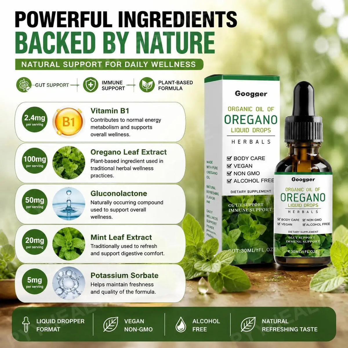 Googeer Gut Support Liquid Drops – Vitamin B1 & Mint, Non-GMO 30ml Gut Support Supplement Qst