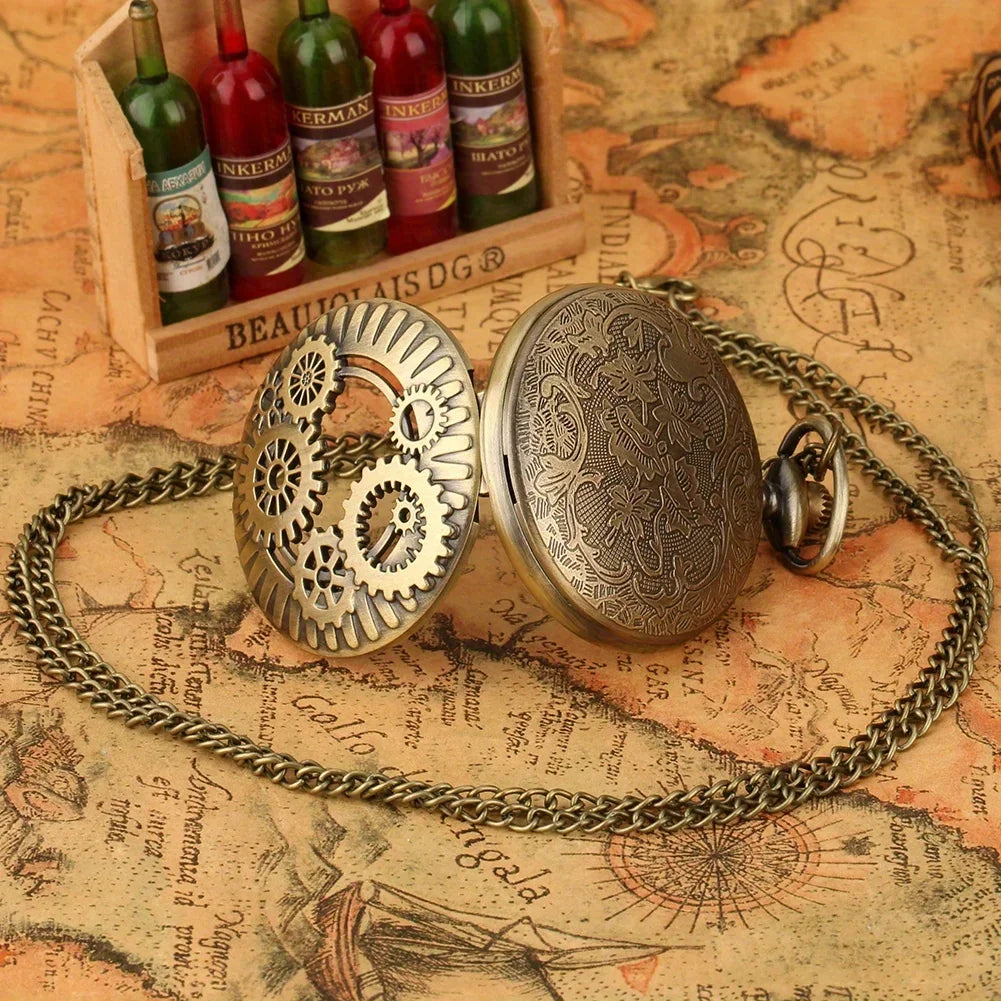Steampunk Quartz Pocket Watch Retro Gearwheel Necklace Chain Pocket Watch Necklace Qme