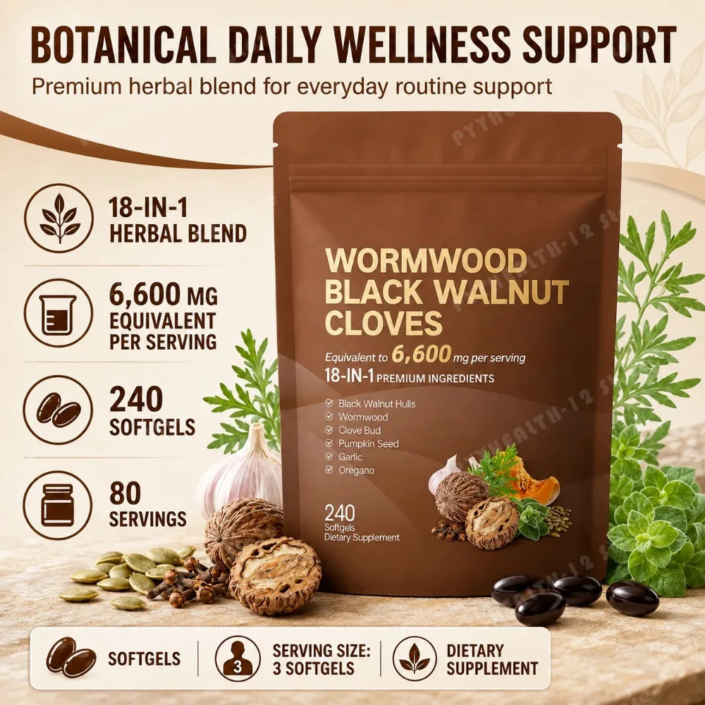 Wormwood Black Walnut Cloves 6600mg 18-in-1 Herbal Softgels 240ct Herbal Supplement Softgels Qst