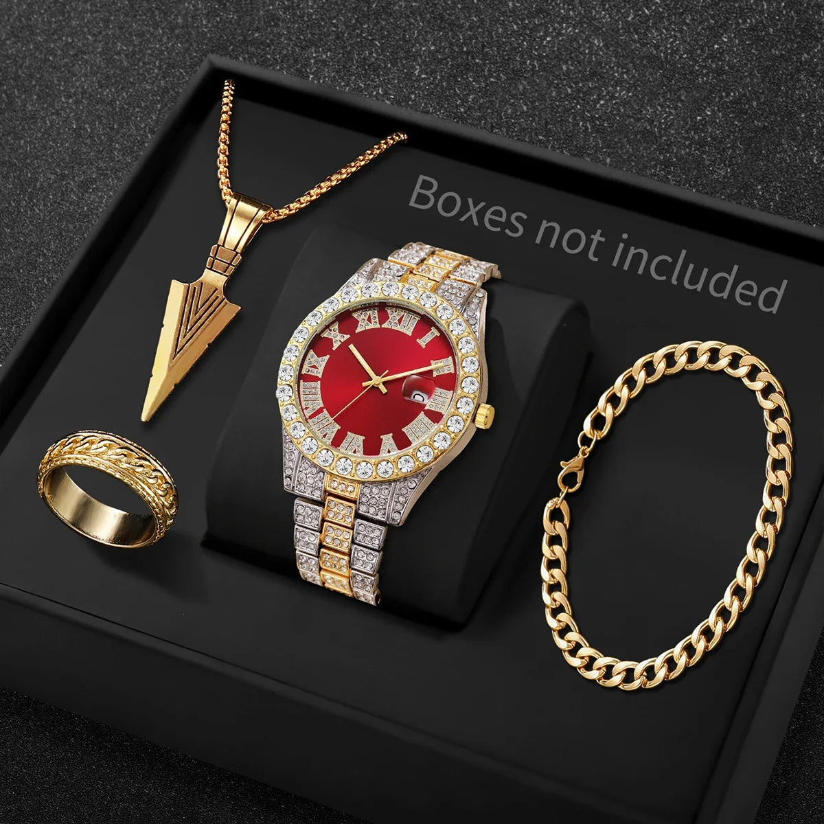 Men's Iced Jewelry Set – Spear Pendant, Necklace, Ring & Bracelet Men's Jewelry Set Qme Red D Without Box