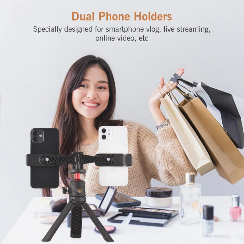 Andoer AD-04 Dual Phone Tripod Mount – 360° Smartphone Clamp Phone Tripod Mount Qst