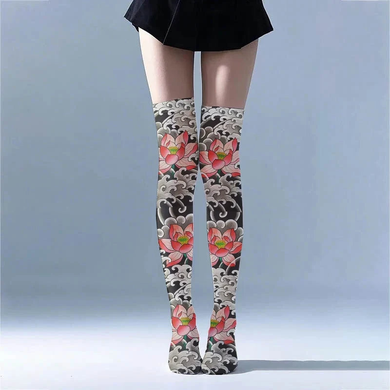 Women's 3D Tattoo Print Thigh-High Stockings | 13 Colors Thigh-High Stockings Qme