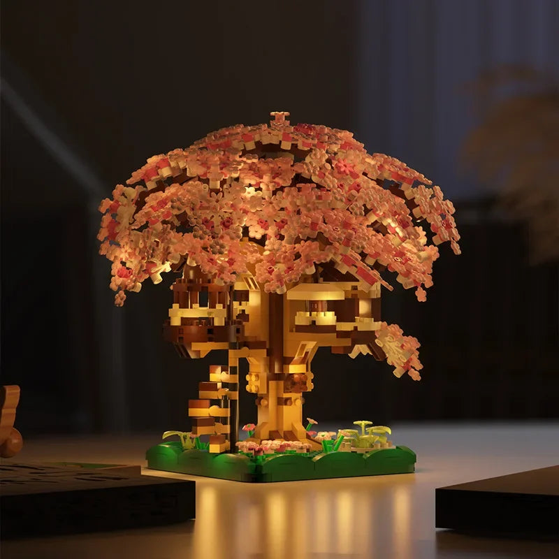 Pink Cherry Tree House Micro-Particle Building Block Model Micro-Particle Building Set Qme