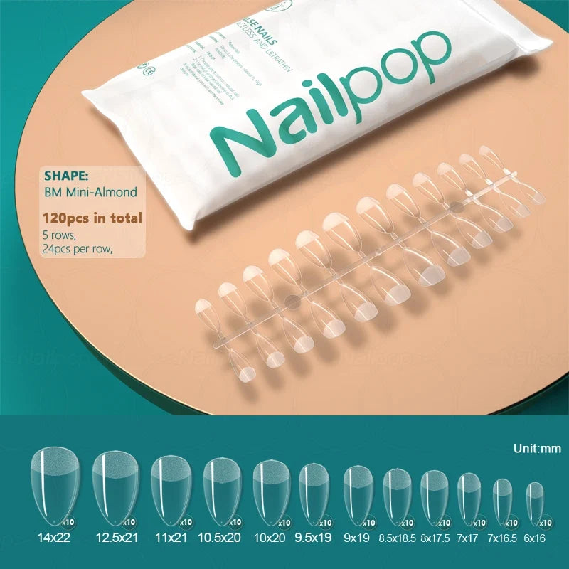 NAILPOP Press-On Coffin Nails – Clear Acrylic Fake Nail Tips Press-On Nails Qme SM Mini-Almond 120