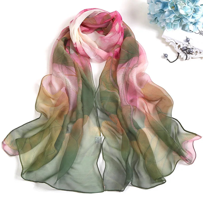 Lotus Print Chiffon Georgette Scarf – Sun-Protective Beach Wrap Chiffon Scarf Wrap Qme