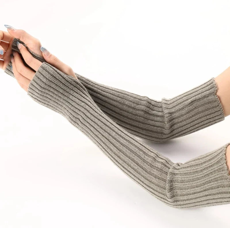 Women Long Fingerless Gloves Lolita Kawaii Knit Arm Warmers Fingerless Arm Warmers Qme GRAY length-52cm