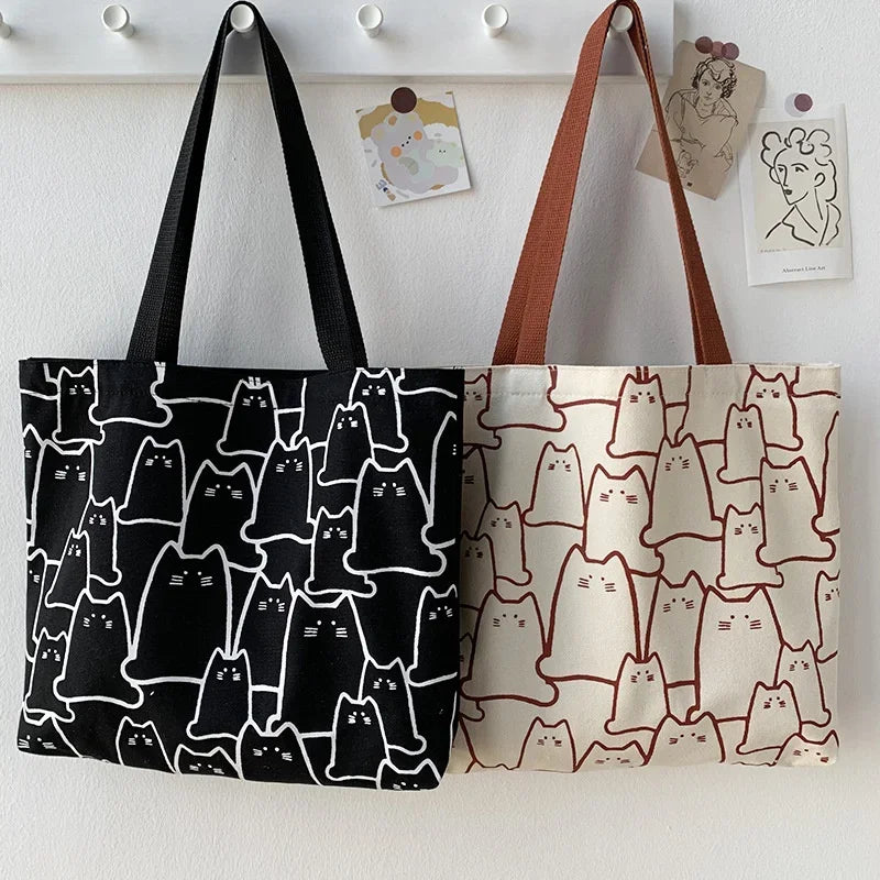 Cute Cat Canvas Tote Shopper Bag – Women's Shoulder Handbag Canvas Tote Handbag Qme