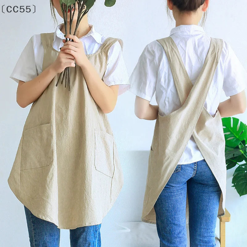 Women's Cross Back Apron with Pockets – Cotton Smock Cross Back Apron Qst