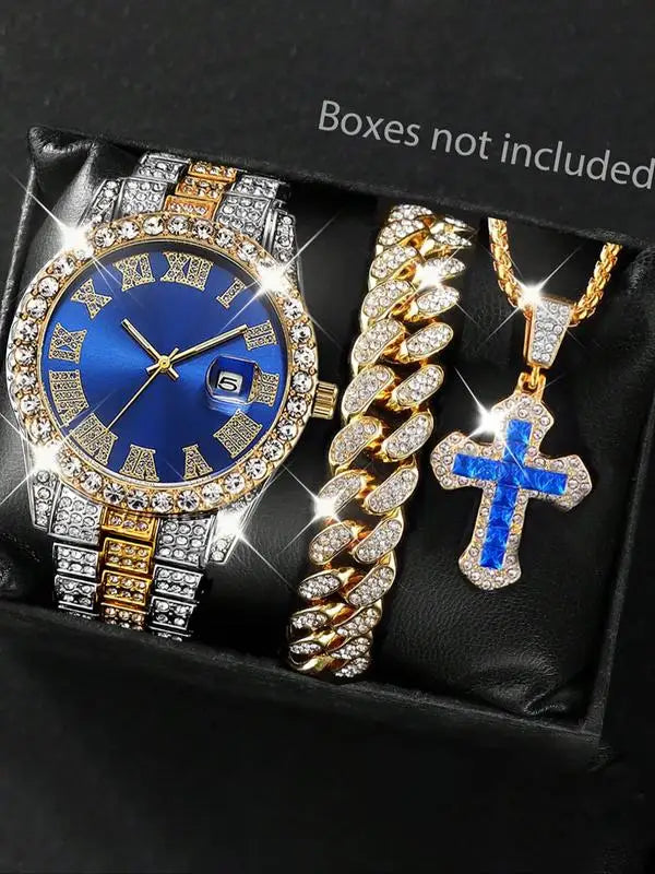 Stainless Steel Watch Roman Numerals Cuban Link Bracelet Set Watch & Jewelry Set Qme
