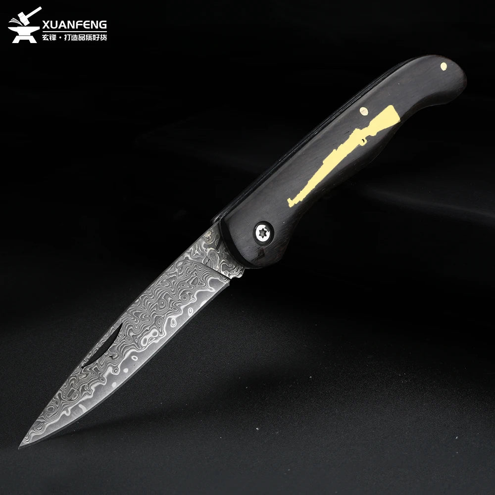 98K Damascus Folding Knife – Sandalwood Handle Camping Blade Folding Knife Qst