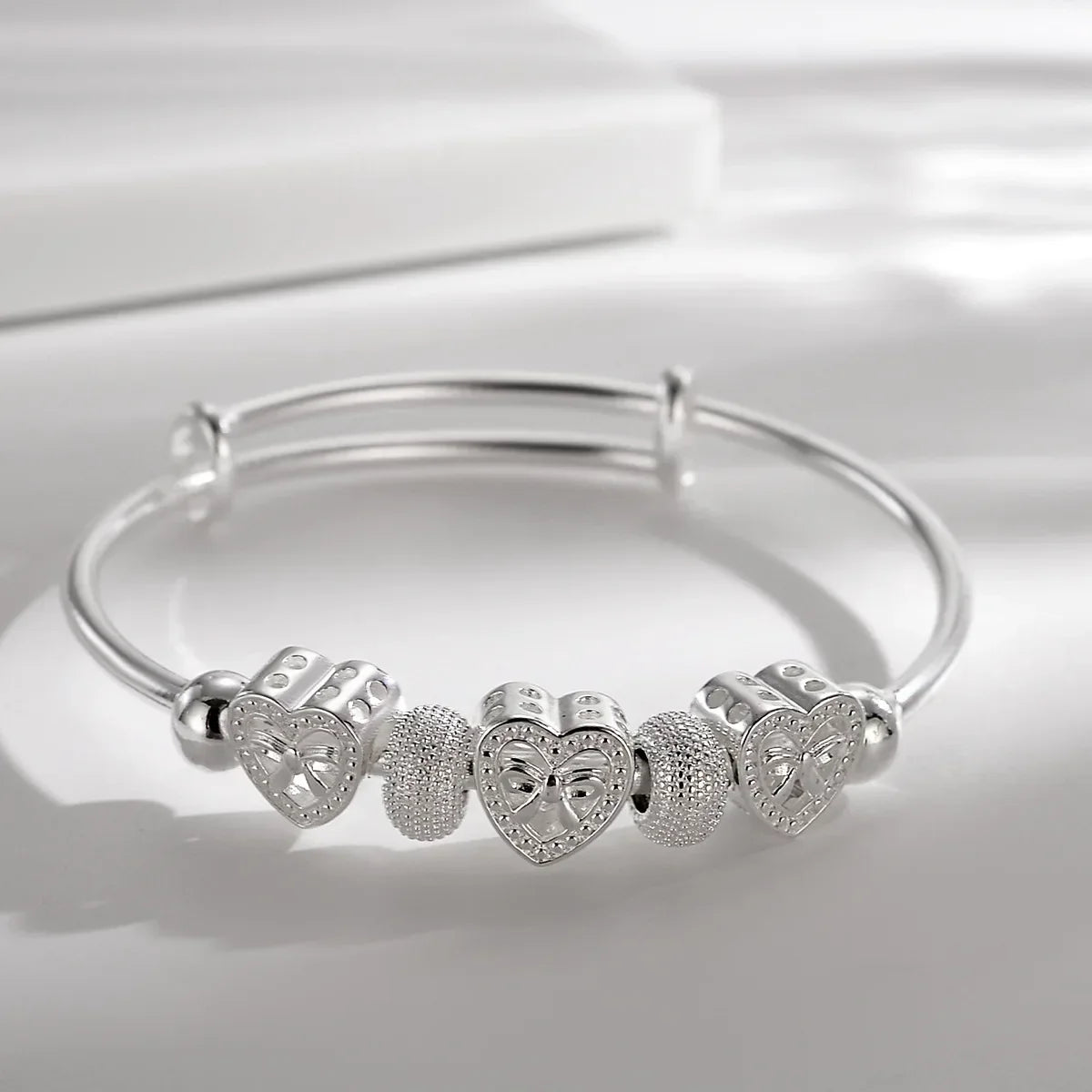 925 Sterling Silver Heart Bangle Bracelet for Women Silver Bangle Bracelet Qme Default Title