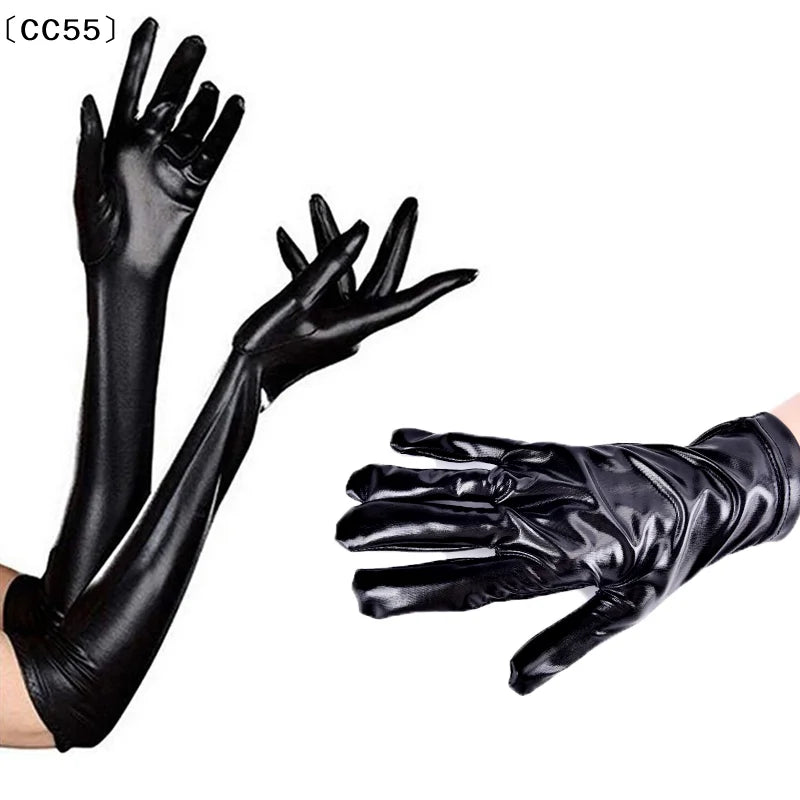 Metallic PU Leather Long Gloves – Punk Cosplay Dance Accessory Costume Gloves Qst