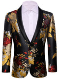 Men's Floral Jacquard Shawl Lapel Blazer – Black Gold Red Floral Jacquard Blazer Qme XX-0030 XXXL