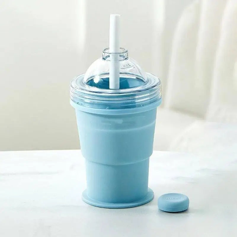 Foldable Ice Ball Cup with Built-In Straw | Food-Grade Silicone Foldable Silicone Cup Qme one size Blue