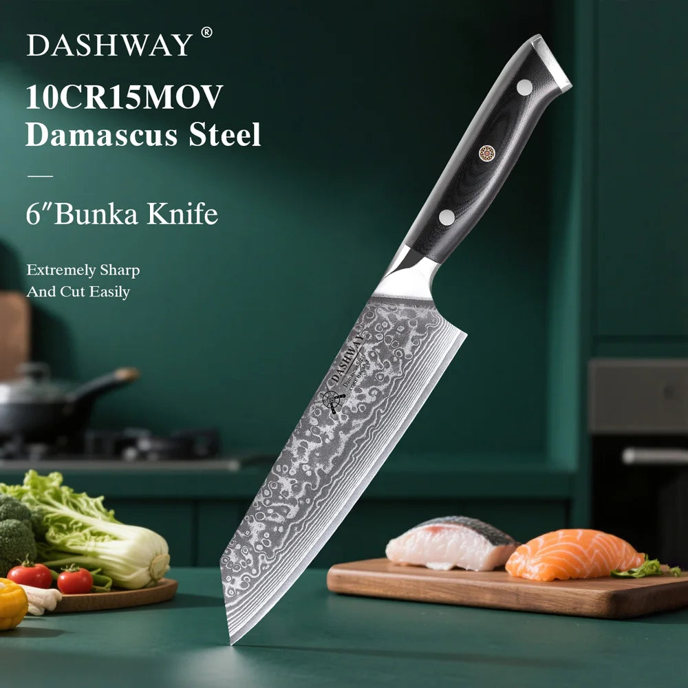 DASHWAY 6-Inch Damascus Steel Bunka Kiritsuke Chef Knife Damascus Chef Knife Qst Bunka Knife 6 inch