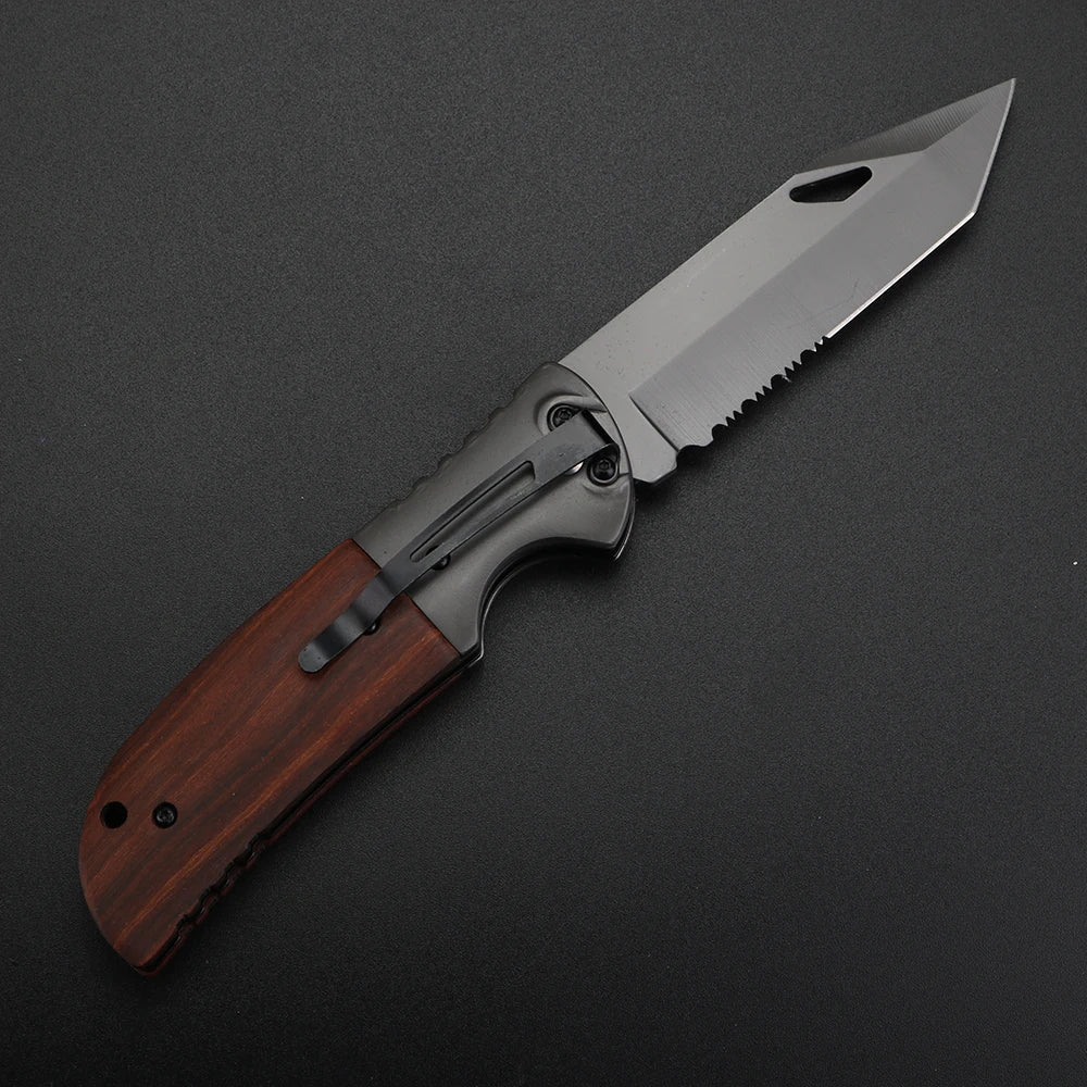 XUAN FENG Serrated Folding Knife – D2 Steel Wood Handle EDC Folding Outdoor Knife Qst