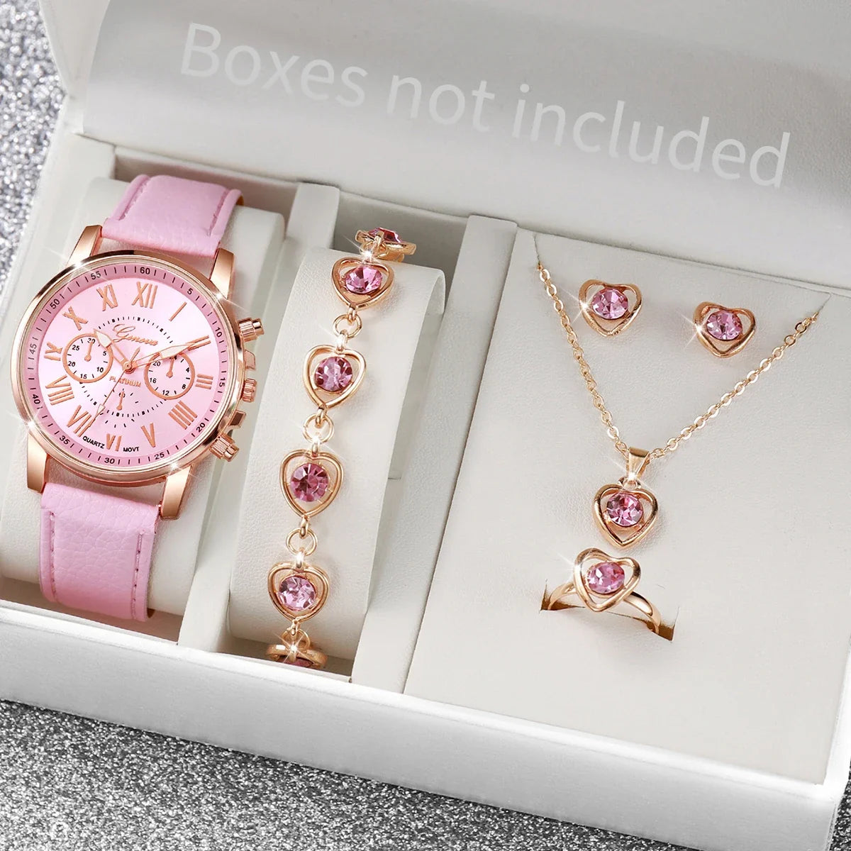 Women's 6-Piece Quartz Watch & Leather Bracelet Set Watch & Bracelet Set Qme Pink